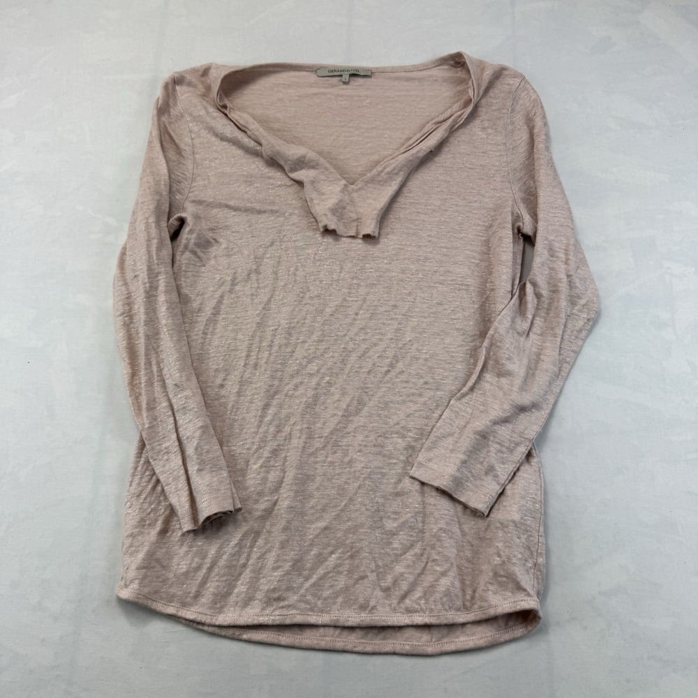 Gerard Darel Women's Size 1 Pink Linen Knit Top Long Sleeve V-Neck